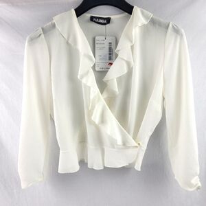 NWT Paranoia offwhite cropped ruffle wrap blouse made in Greece Size small